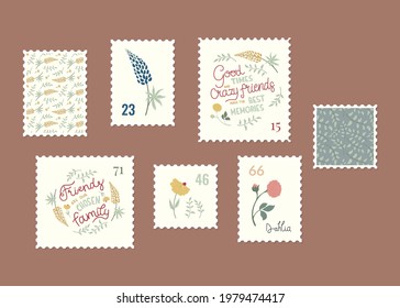 Set of hand-drawn vector post stamps. Collection of floral post stamp designs. Includes lettering pieces about friendship. Mail and post office conceptual illustration.