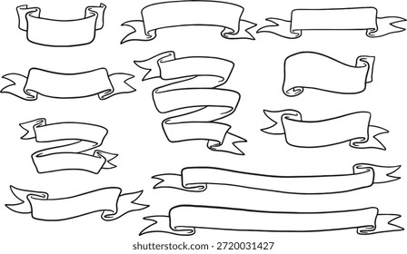 Conjunto de Anuncios de cinta de Vector dibujado a mano. Colección de pergaminos doodle, banderas y rótulos para diseños de títulos y decoraciones. Estilo minimalista del arte de la línea negra. Aislado sobre fondo blanco.