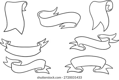 Conjunto de Anuncios de cinta de Vector dibujado a mano. Colección de pergaminos doodle, banderas y rótulos para diseños de títulos y decoraciones. Estilo minimalista del arte de la línea negra. Aislado sobre fondo blanco.