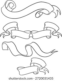 Conjunto de Anuncios de cinta de Vector dibujado a mano. Colección de pergaminos doodle, banderas y rótulos para diseños de títulos y decoraciones. Estilo minimalista del arte de la línea negra. Aislado sobre fondo blanco.