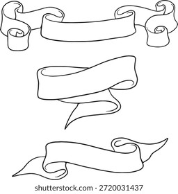 Conjunto de Anuncios de cinta de Vector dibujado a mano. Colección de pergaminos doodle, banderas y rótulos para diseños de títulos y decoraciones. Estilo minimalista del arte de la línea negra. Aislado sobre fondo blanco.