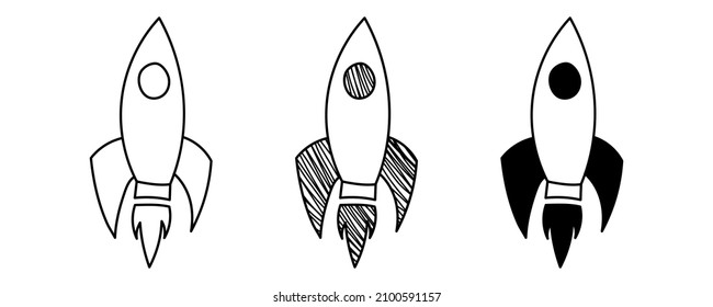 Set of hand-drawn vector Rockets in a doodle cartoon style. National Science Day