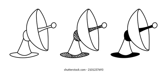 Set of hand-drawn vector Satellite dish in doodle cartoon style. National Science Day