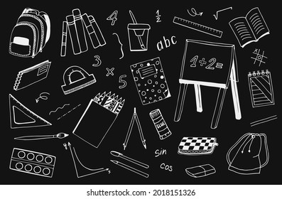 A set of hand-drawn vector school icons. Back to school, education, study. Doodle