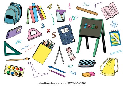 A set of hand-drawn vector school icons. Back to school, education, study. Doodle