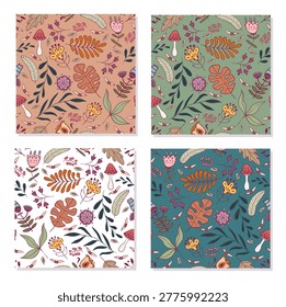 A set of hand-drawn vector seamless prints featuring decorative stylized plant elements. Autumn leaves, flowers, mushrooms, and seeds. EPS-10
