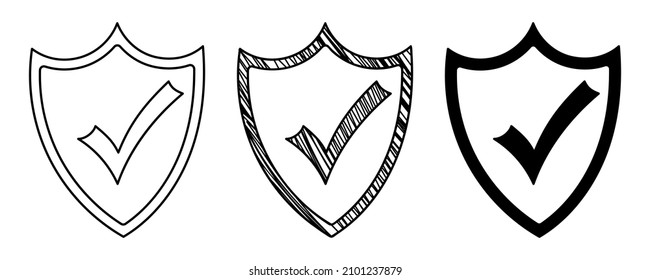 Set of hand-drawn vector Shields with a check mark in doodle cartoon style. 