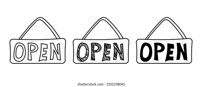 Set of hand-drawn vector Sign is open in doodle cartoon style. 