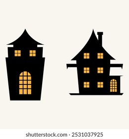 Set of hand-drawn vector silhouette houses with windows