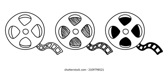Set of hand-drawn vector tape reels in doodle cartoon style