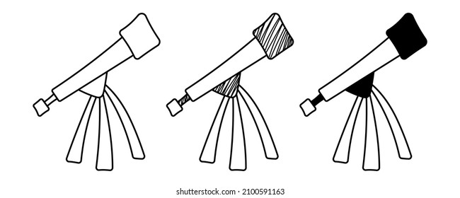 Conjunto de telescopios de vector dibujados a mano en un estilo de caricatura de doodle. Día Nacional de la Ciencia