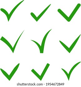 Set of hand-drawn vector tick check in green color. Variety of ticks in different styles and shapes. Design illustration props