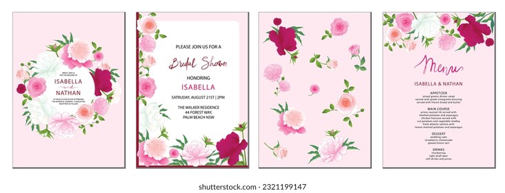 Сoncept set of hand-drawn vector universal floral templates with rose and peony flowers on a soft pink background for menu, greeting card, and invitation perfect for a spring or summer wedding.