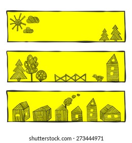 Set of hand-drawn vector village cartoon elements. Eps8.
