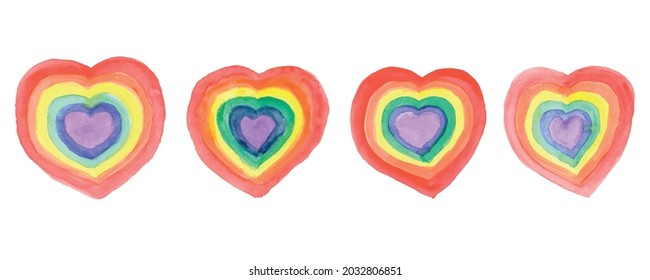 A set of hand-drawn and vectorized symbols of the LGBT movement. Rainbow watercolor drawings of hearts. Signs and symbols of the LGBT flag. A set for the design of postcards, banners, advertising.  