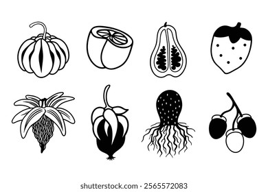 Set of Hand-Drawn Vegetable line art vector, Outline black and white designs of assorted vegetables, set of food Illustration bundle.	
