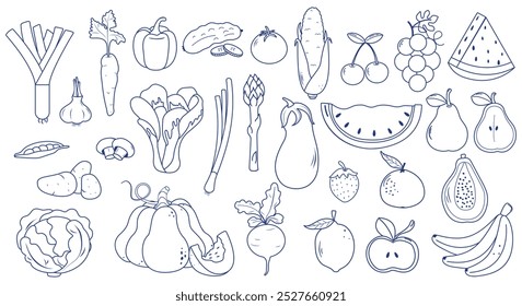 Un conjunto de verduras y frutas dibujadas a mano. Lineal, Ilustración vectorial monocromática. Aislado en un fondo blanco