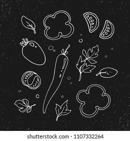 Set of hand-drawn vegetables and green. Healthy farm food: cherry tomato, chili pepper, bell pepper, spinach, basil, parsley. Collection of healthy food sketch.