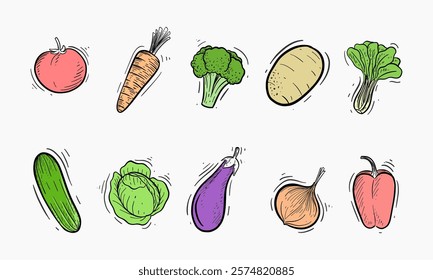 set of hand-drawn vegetables in various colors.