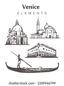 Set of hand-drawn Venice buildings, elements sketch vector illustration. 
Cathedral of Santa Maria della Salute, Cathedral of San Giorgio Maggiore, gondola, Doge's Palace