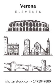 Set of hand-drawn Verona buildings, elements sketch vector illustration. Scaliger Bridge, Arena di Verona, Maffei Palace, San zen maggiore.