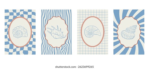 Set of hand-drawn vertical summer posters with seashells. Retro tropical marine style for travel print, beach decor, packaging, and coastal graphic design. Vector illustration.
