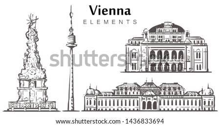 Set of hand-drawn Vienna buildings, Vienna elements sketch vector illustration.  Belvedere, Opera House, Belvedere, Danube Tower