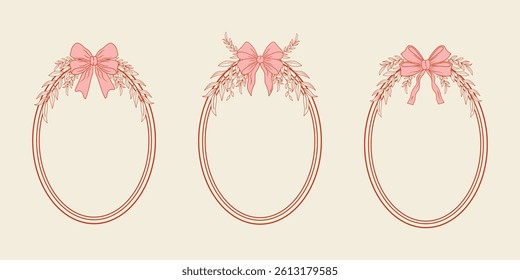 A set of hand-drawn vintage elegant frames with bows and ribbons. Botanical frame with bows. Monochrome ink. Vector illustration.