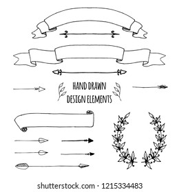 Set of handdrawn vintage elements. Ribbons, arrows, page deviders. Vector illustration for bullet journal, notepad, memobook, scrapbooking, invitations, weddings,holidays, design templates