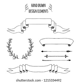 Set of handdrawn vintage elements. Ribbons, arrows, page deviders. Vector illustration for bullet journal, notepad, memobook, scrapbooking, invitations, weddings,holidays, design templates