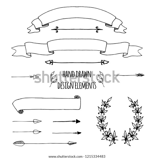Set of handdrawn vintage elements. Ribbons,
arrows, page deviders. Vector illustration for bullet journal,
notepad, memobook, scrapbooking, invitations, weddings,holidays,
design templates
