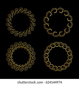 Set of hand-drawn vintage golden round frames on black background. Vector elements for wedding, mothers day, birthday card, invitations.