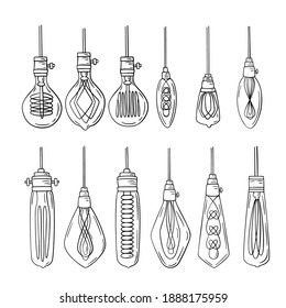 Set Of Hand-drawn Vintage Lightbulbs. Edison Lamps Vector Illustration.