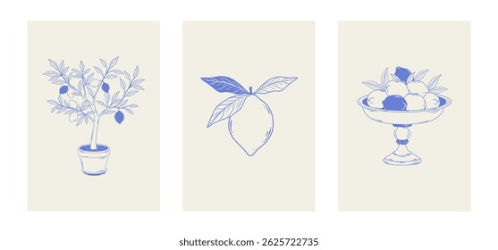Set of hand-drawn vintage posters with lemons. Italian summer vertical backgrounds in Mediterranean style. Perfect for travel, kitchen, packaging, decor. Vector illustration.