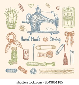Set of hand-drawn vintage sewing tools. Sew machine, Needle, scissors, mannequin, buttons, tailor meter. Sketch engraving elements for logos, icons isolated on white background. Vector illustration