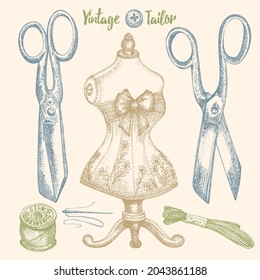 Set of hand-drawn vintage sewing tools. Sew machine, Needle, scissors, mannequin, buttons, tailor meter. Sketch engraving elements for logos, icons isolated on white background. Vector illustration