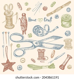 Set of hand-drawn vintage sewing tools. Sew machine, Needle, scissors, mannequin, buttons, tailor meter. Sketch engraving elements for logos, icons isolated on white background. Vector illustration