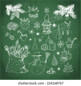 Set of hand-drawn vintage sketchy christmas elements on blackboard. Doodle sketch vector illustration. Candles, gift boxes. snowmen, pomanders. 