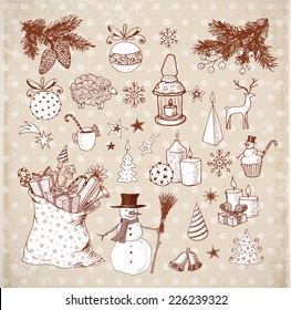 Set of hand-drawn vintage sketchy christmas elements. Doodle sketch vector illustration. Candles, gift boxes. snowmen, pomanders. 