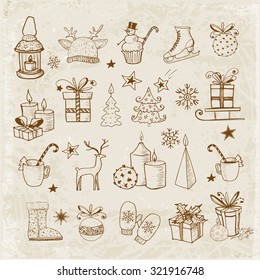 Set of hand-drawn vintage sketchy christmas elements. Doodle sketch vector illustration. Candles, gift boxes, pomanders