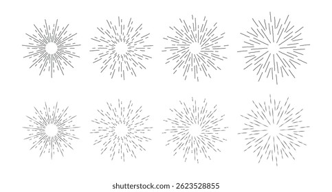 Set of hand-drawn vintage sunburst or radial rays. Perfect for retro logos, labels, and design accents. Isolated on white background.
