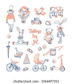 A set of hand-drawn vintage toys on a white background. Doll, teddy bear, rabbit, elephant, car, airplane, pyramid, whirligig, stroller, scooter, bicycle. Cute baby style. Stock vector illustration.