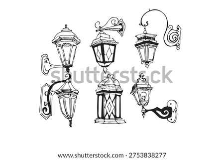 Set of hand-drawn wall-mounted lanterns and decorative outdoor wall lights. Classic iron lamp sketches for exterior decoration.
