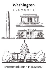 Set of hand-drawn Washington buildings, sketch vector illustration. The Washington monument, the White house, the Capitol Washington, the Lincoln memorial.