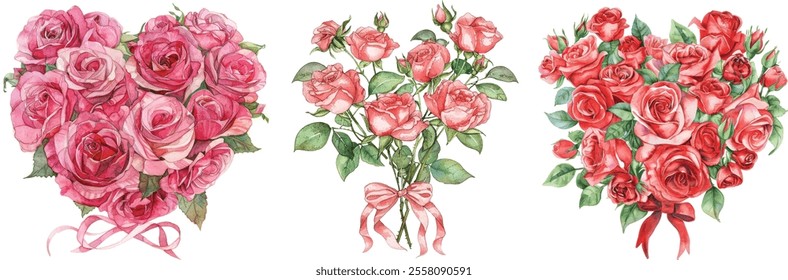 Set Hand-Drawn Watercolor Heart-Shaped Bouquet of Roses with Ribbon on White Background