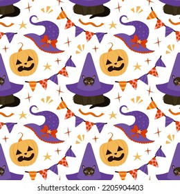 Set of hand-drawn watercolor illustrations for Halloween. Witch hat and broomstick, black cat, magic ball, spell book for Halloween decoration stickers, packaging and interior designs, cards, posters.