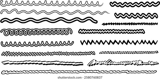 Set of hand-drawn wavy and jagged lines with outline, vector illustration isolated on a transparent background