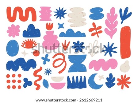 A set of hand-drawn whimsical abstract geometric shapes and objects. Modern three-dimensional figures, various organic elements in doodle style for decoration. Boho style, aesthetics, grunge, retro.