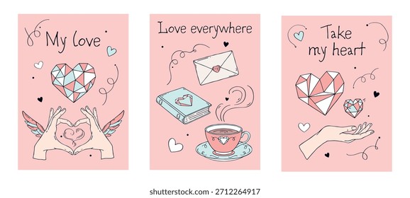 Conjunto de tarjetas de Vector de San Valentín caprichosas dibujadas a mano con corazones, gestos de amor, cartas y Elementos decorativos lindos, perfecto para imprimir, pegatinas y diseños románticos