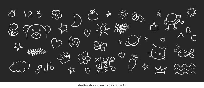 Set of hand-drawn white crayon doodles on dark background. Chalk kids sketches of hearts, stars, animals, simple design elements.